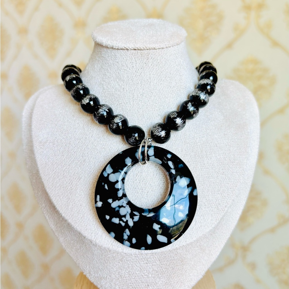 Black and white glass beaded necklace with a retro, boho vibe bohostyle gothic
